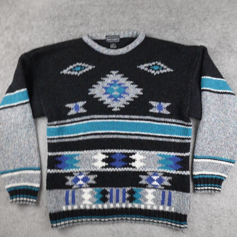 Vtg Peter England Sweater Men XL Black Blue Aztec Southwestern Grandpa Acrylic